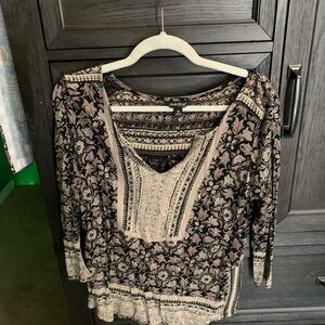 Lucky Brand Black and Cream Floral Blouse